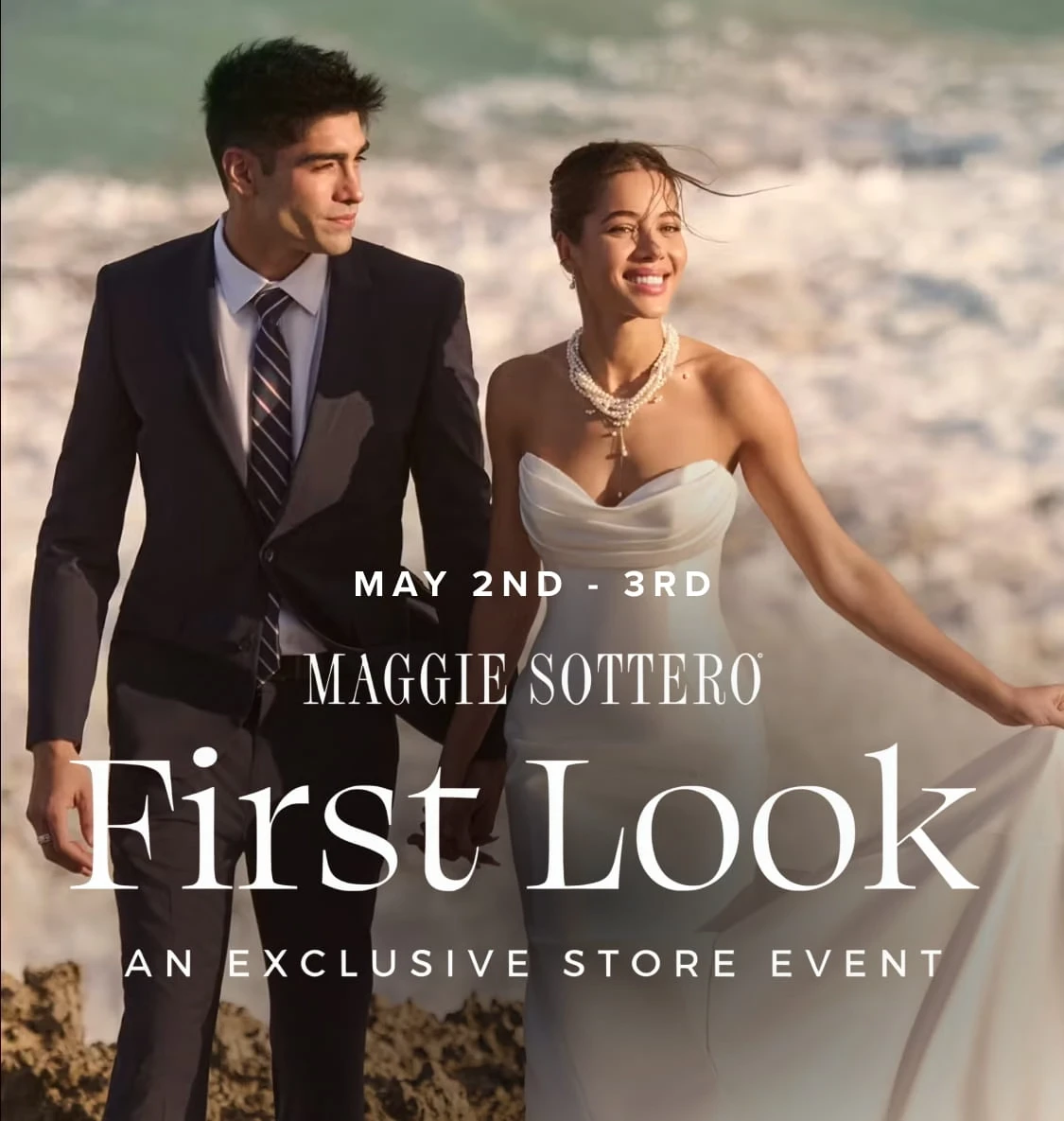 Models wearing bridal gown and tuxedo, Maggie Sottero First Look event mobile banner